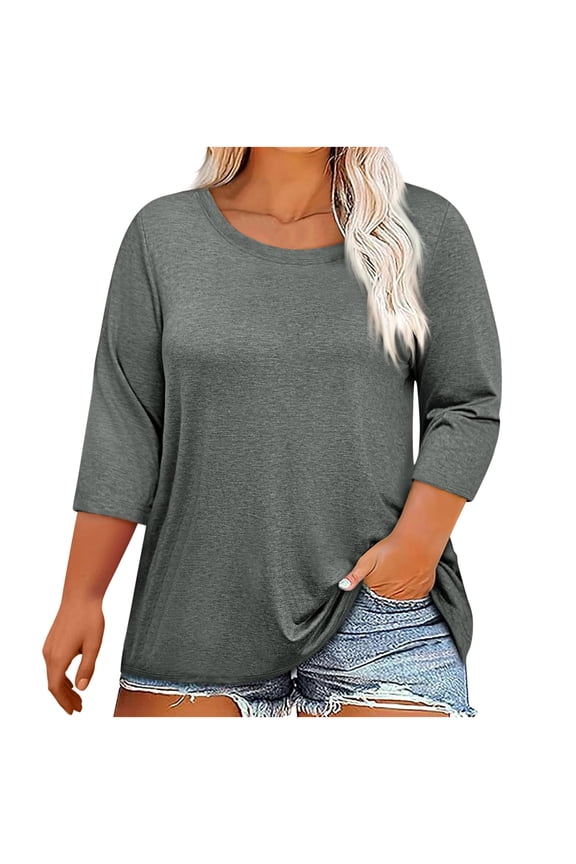 Plus Size 3/4 Sleeve T Shirts for Women Casual Crewneck Tunic Tee Loose Fit Comfortable Summer T-Shirt Everyday Wear Gray XXL