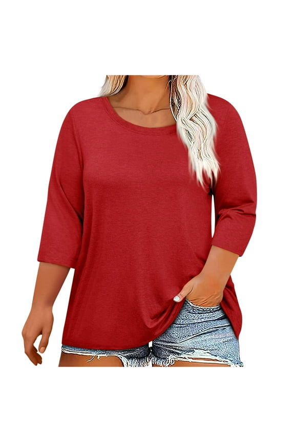 Plus Size 3/4 Sleeve T Shirts for Women Casual Crewneck Tunic Tee Loose Fit Comfortable Summer T-Shirt Everyday Wear Red XXXL