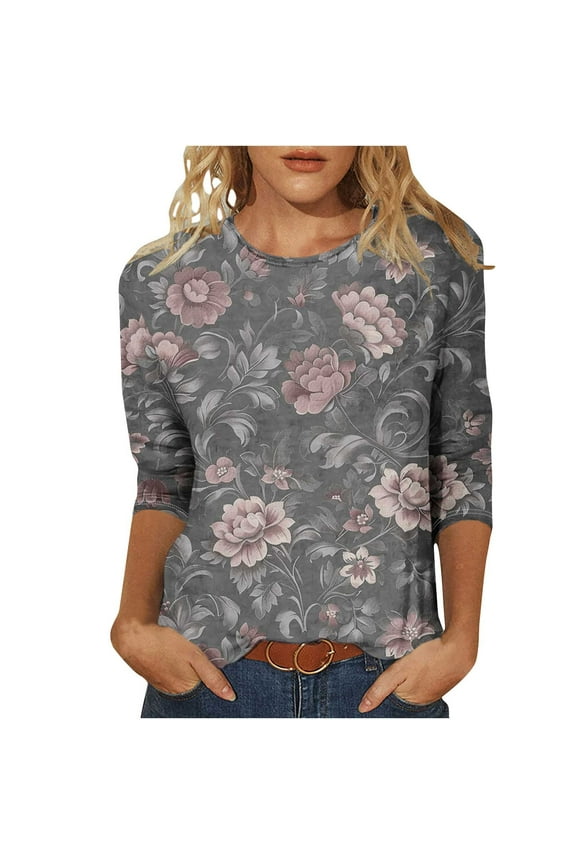 Plus Size 3/4 Sleeve Tshirts for Women Vintage Printed Crewneck Tee Dressy Casual T Shirts Basic Daily Tops Gray,2XL