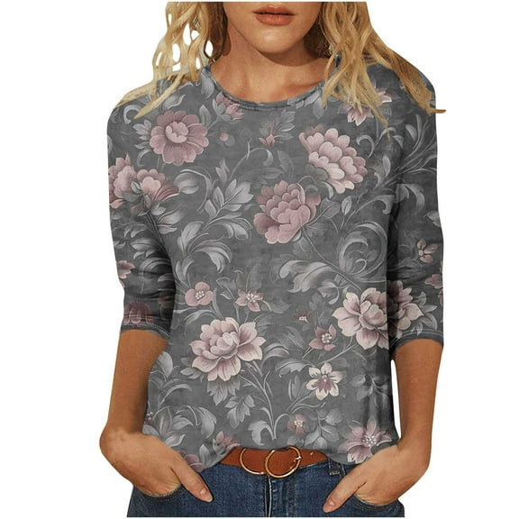 Htigea Plus Size 3/4 Sleeve Tshirts for Women Vintage Printed Crewneck Tee Dressy Casual T Shirts Basic Daily Tops Gray,XL