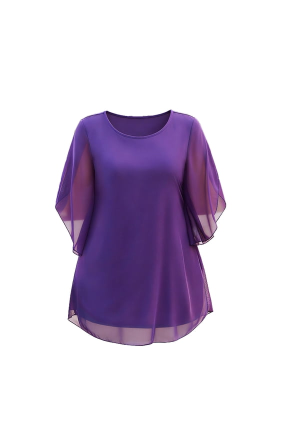 Plus Size Batwing Sleeve T Shirts for Women Chiffon Crewneck Double Layered Tops Dressy Casual T-Shirt Summer Weekend & Everyday Tees Purple XXXXXL