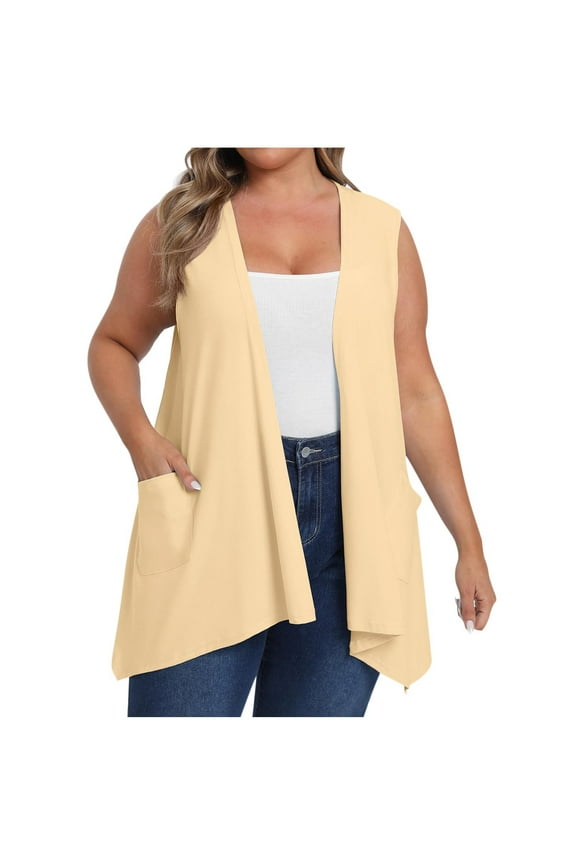 Plus Size Cardigan Womens Solid Color Sleeveless Loose Cardigans Tops Open Front Vest with Pockets Beige,L