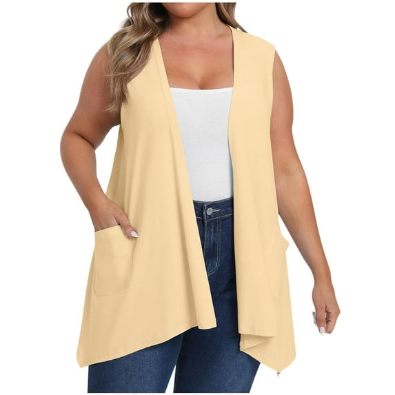 Htigea Plus Size Cardigan Womens Solid Color Sleeveless Loose Cardigans Tops Open Front Vest with Pockets Beige,XXXXXL