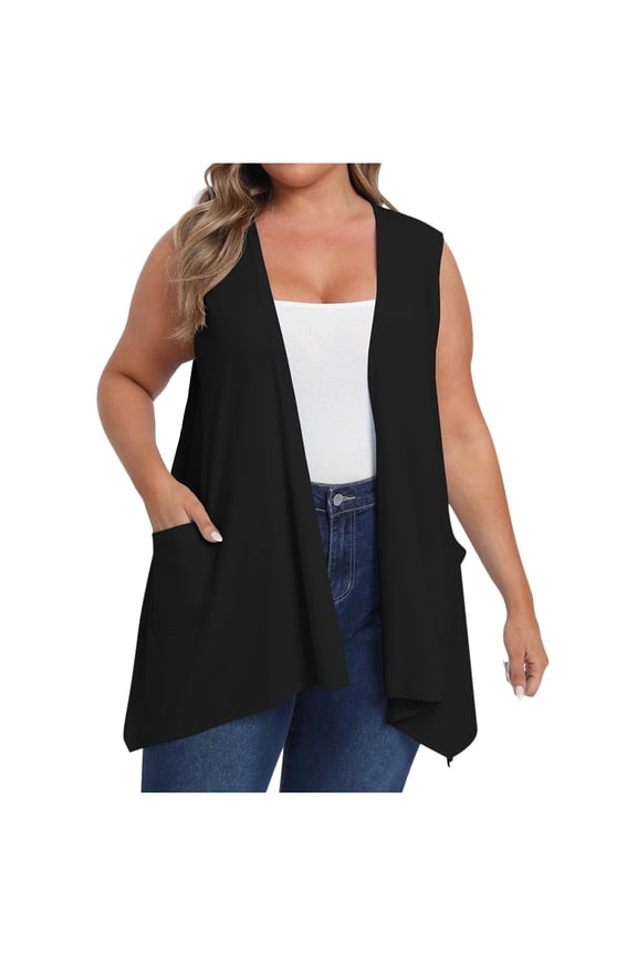Plus Size Cardigan Womens Solid Color Sleeveless Loose Cardigans Tops Open Front Vest with Pockets Black,XXXXL