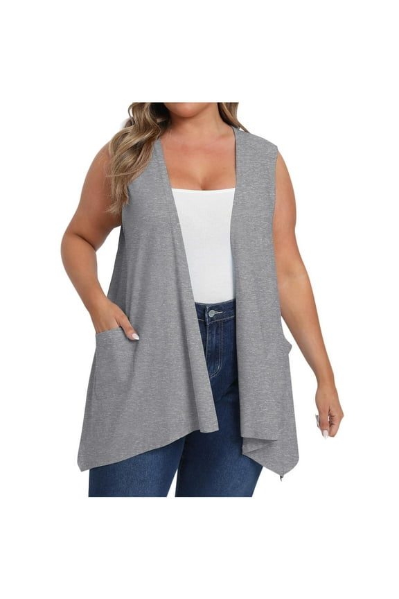 Plus Size Cardigan Womens Solid Color Sleeveless Loose Cardigans Tops Open Front Vest with Pockets Gray,XXXXXL