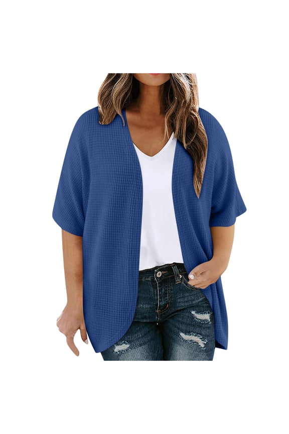 Plus Size Cardigans for Women Waffle Kimono Short Sleeve Open Front Tops Casual Loose Fit Summer Coverups Navy XL