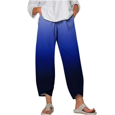 Htigea Plus Size Cotton Linen Pants Summer Elastic Waisted Straight Trousers Tulip Hem Tie-Dye Long Pants with Pockets Loose Fit Comfy Lounge Pant