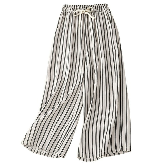 Htigea Plus Size Cotton Linen Pants for Women Vintage Stripe Palazzo Pants Summer Loose Fit Flowy Wide Leg Pants with Pockets Casual Straight Trousers