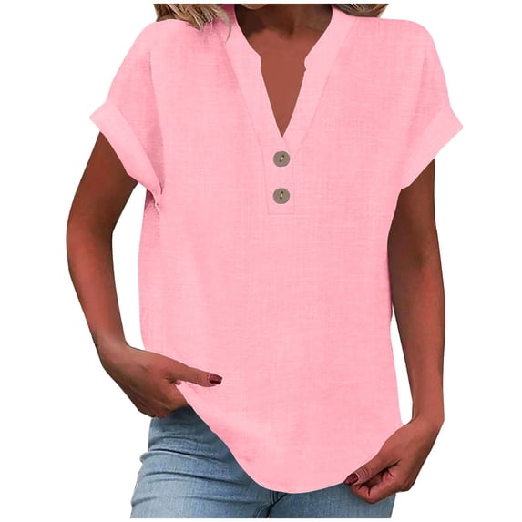 Htigea Plus Size Cotton Linen T-Shirts for Women Summer V-Neck Short Sleeve Tops Casual Loose Fit Tunic Tees Solid Color Basic Pullover Shirts Pink S