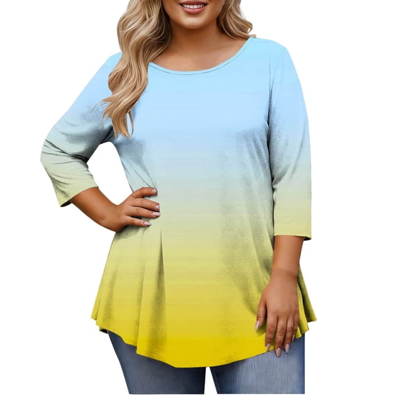 Htigea Plus Size Crew Neck 3/4 Sleeve T Shirts for Women Casual Loose Fit Tunic Tops Gradient Color Pullover Tee Yellow XXXL