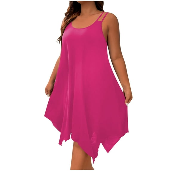 Htigea Plus Size Dress for Women Summer Irregular Hem Knee Length Dress Flowy Sleeveless Double Spaghetti Straps Midi Sundress Hot Pink,5XL