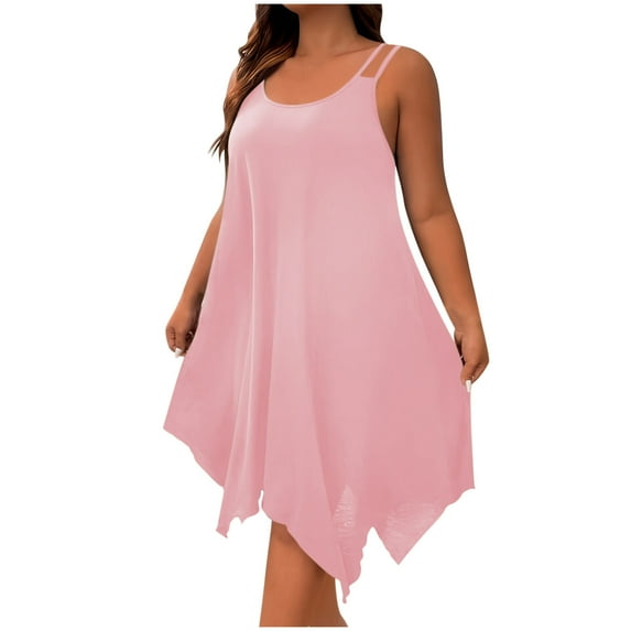 Htigea Plus Size Dress for Women Summer Irregular Hem Knee Length Dress Flowy Sleeveless Double Spaghetti Straps Midi Sundress Pink,2XL
