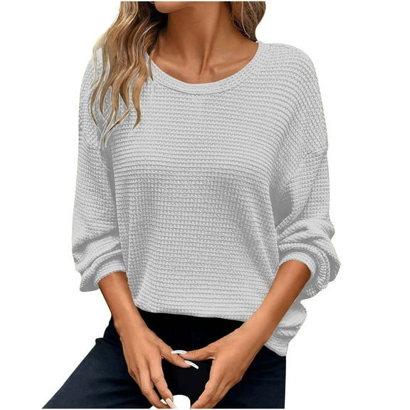 Htigea Plus Size Fall Shirts for Women Casual Crew Neck Long Sleeve Tops Loose Cozy Crochet Tshirts Gray 3XL