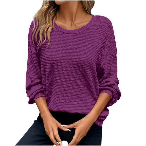 Htigea Plus Size Fall Shirts for Women Casual Crew Neck Long Sleeve Tops Loose Cozy Crochet Tshirts Purple 3XL