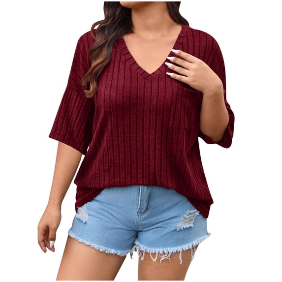 Htigea Plus Size Half Sleeve T Shirts for Women Ribbed Knit Tops Solid Color V-Neck Tunic Tees Casual Loose Fit Summer T-Shirts Wine XL