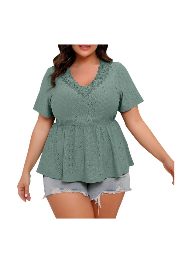 Plus Size Lace V Neck Tops for Curvy Women Eyelet Short Sleeve Peplum T-Shirts Solid Color Summer Tees Dressy Blouses Green XXXXL