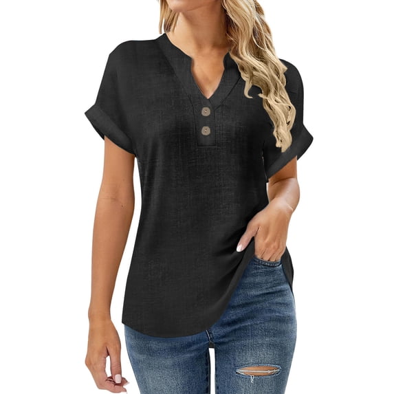 Htigea Plus Size Linen T-Shirt for Women V Neck Short Sleeve Tunic Tops Casual Loose Fit Blouse Summer Dressy Tee Shirts Black S
