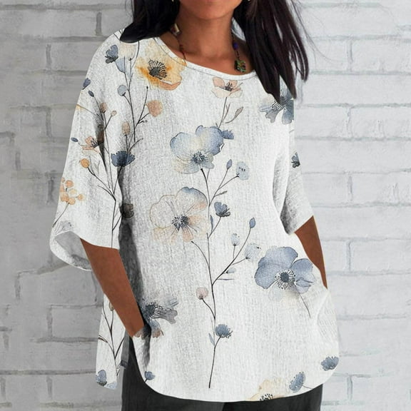 Htigea Plus Size Linen Tshirts for Women 3/4 Sleeve Crewneck Gauze Shirts Casual Print Loose Fit Pullover Top 2024 Summer Casual Side Slit Blouse