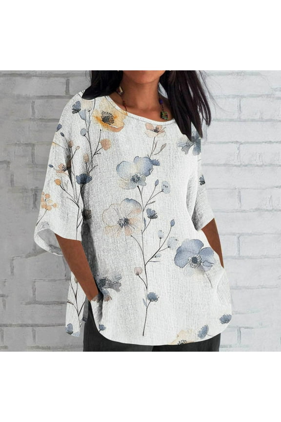 Htigea Plus Size Linen Tshirts for Women 3/4 Sleeve Crewneck Gauze Shirts Casual Print Loose Fit Pullover Top 2024 Summer Casual Side Slit Blouse