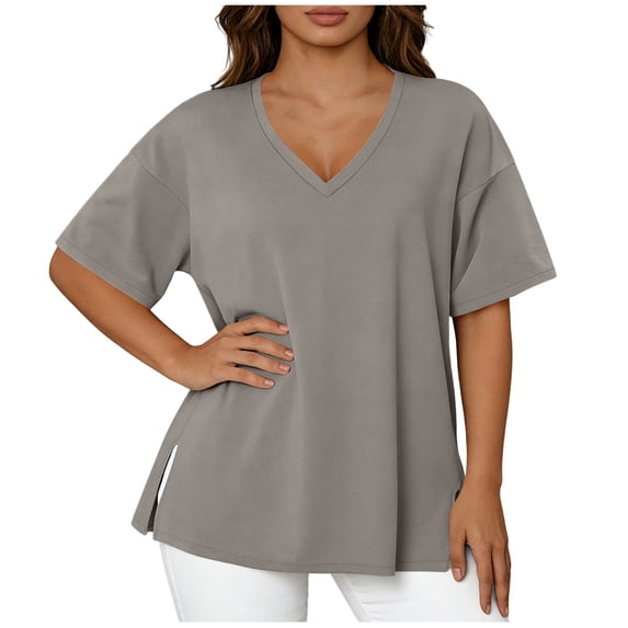 Htigea Plus Size Short Sleeve Tops for Women Casual Loose Fit T-Shirt Summer V-Neck Pullover Tee Gray XL