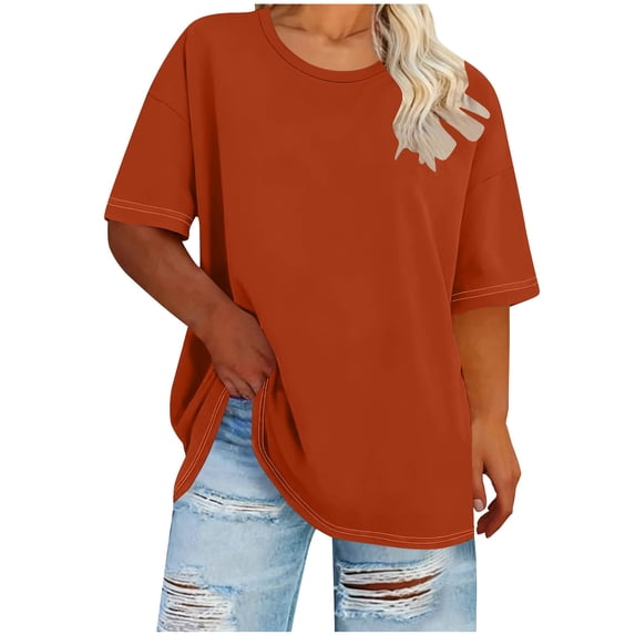 Htigea Plus Size Short Sleeve Tops for Women Summer Crewneck T-Shirts Loose Casual Tunic Tees Soft Comfortable Work & Daily Shirts Brown XXL