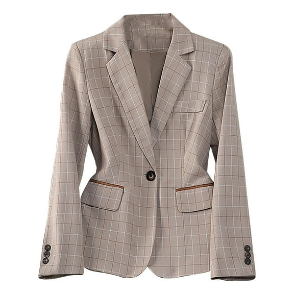 Htigea Plus Size Suit Jackets for Women Button Down Open Down Cardigans Business Plaid Lapel Blazers Long Sleeve Outfit Khaki,XL