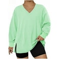 thumbnail image 1 of Htigea Plus Size Sweatshirts for Women V Neck Long Sleeve Pullover Side Split Tops Lightweight Breathable Fall Clothes Green L, 1 of 4