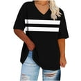 thumbnail image 1 of Htigea Plus Size T Shirt for Curvy Women Striped Short Sleeve Summer V-Neck T-Shirt Casual Loose Fit Tunic Tops Dressy Work Blouses Black S, 1 of 5
