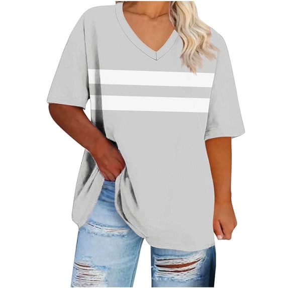 Htigea Plus Size T Shirt for Curvy Women Striped Short Sleeve Summer V-Neck T-Shirt Casual Loose Fit Tunic Tops Dressy Work Blouses Gray XXXXL