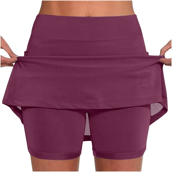Htigea Plus Size Tennis Skirts for Women Mid Waist Workout Golf Yoga Shorts with Skirt Casual Cozy Running Athletic Skorts Summer Bottoms Wine 4XL