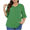 thumbnail image 1 of Htigea Plus Size Tops Womens 3/4 Length Ruffle Sleeve Shirts Pleated V Neck Tees Loose Tunic Blouse Green,L, 1 of 5