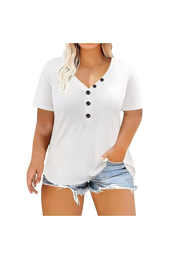 Plus Size Tops for Curvy Women Short Sleeve V-Neck Henley Shirts Casual Loose Fit Tunic Blouse Solid Color Summer Everyday Tees White XXL