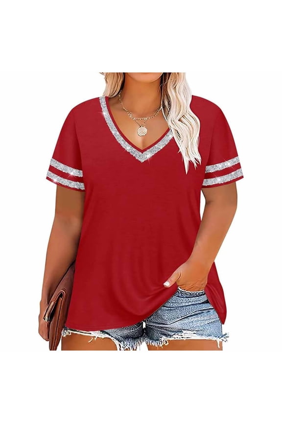 Plus Size Tops for Women Casual Short Sleeve T Shirts Summer V Neck Pullover Loose Tunic Tees Red XL