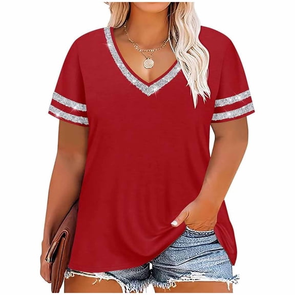 Htigea Plus Size Tops for Women Casual Short Sleeve T Shirts Summer V Neck Pullover Loose Tunic Tees Red XXL