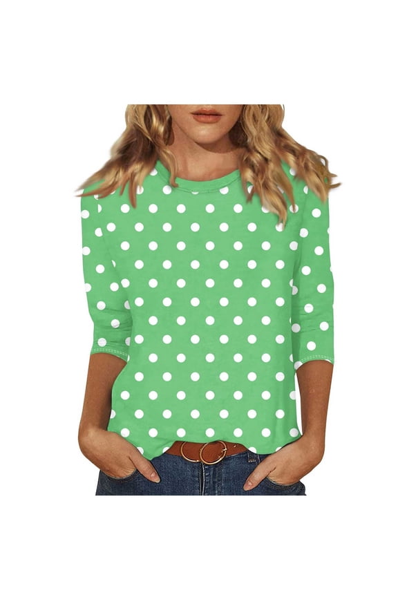 Plus Size Tops for Women Dressy 3/4 Sleeve Crew Neck Shirts Fashion Polka Dot Print Tunic Tees Cute Tshirts Army Green,4XL
