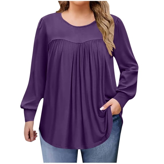 Htigea Plus Size Tunic Tops for Women Pleated Crewneck Long Sleeve Shirts Casual Loose Fit T-Shirt Fall Clothes Purple XXL