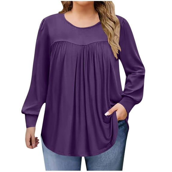 Htigea Plus Size Tunic Tops for Women Pleated Crewneck Long Sleeve Shirts Casual Loose Fit T-Shirt Fall Clothes Purple XXXL