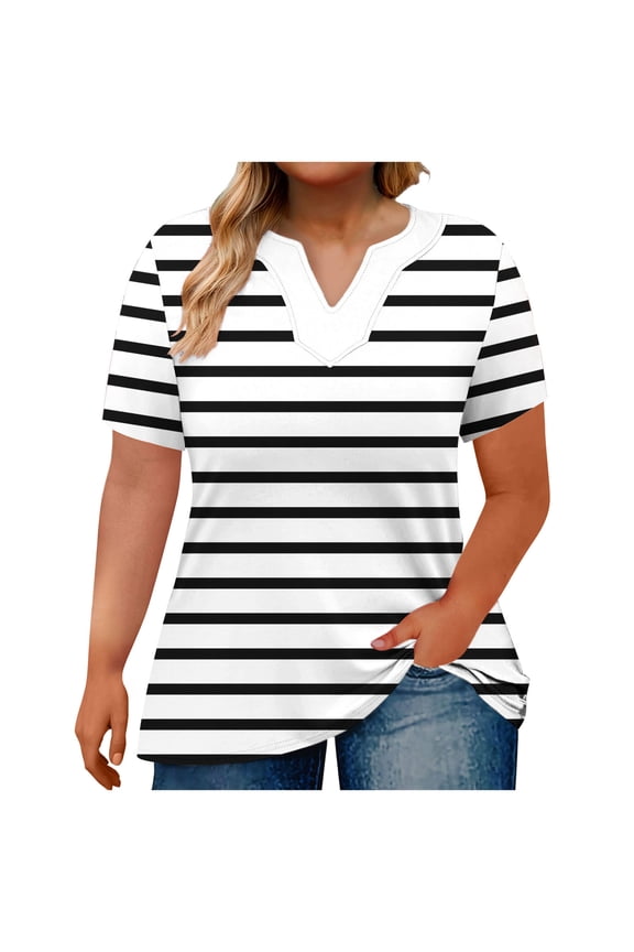 Plus Size Tunic Tops for Women Summer V-Neck Short Sleeve Shirts Curvy Casual Loose Tunic Blouse Trendy Striped T-Shirts White L