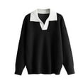 thumbnail image 1 of Htigea Preppy Knit Sweaters Contrast Color V Neck Lapel Pullover Top Soft Comfy Fall Knitwear Sweater Black Free Size, 1 of 5