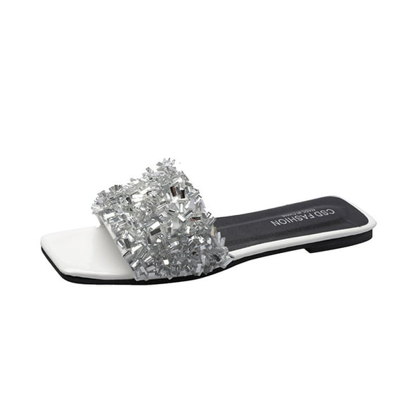 Htigea Women's Shiny Sequins Flat Slides Sandals, Casual Comfortable Sandal Summer Beach Dress Shoes for Women