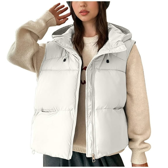 Htigea Puffer Vest for Women Sleeveless Quilted Jacket Stand Collar Zip Up Hoodies with Pockets Fall Winter Outerwear White XL