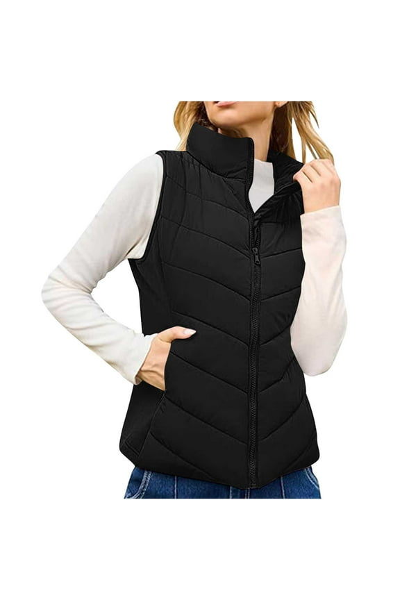 Puffer Vest for Women Sleeveless Zip Up Outerwear Stand Collar Quilted Vest Warm Winter Jackets Coats with Pocket Black M