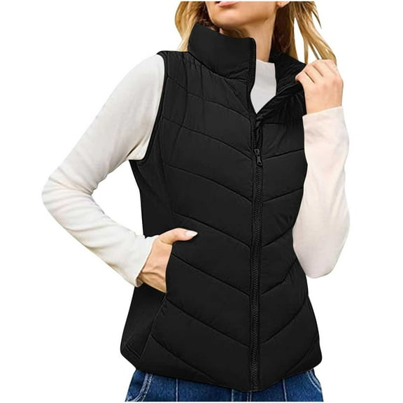 Htigea Puffer Vest for Women Sleeveless Zip Up Outerwear Stand Collar Quilted Vest Warm Winter Jackets Coats with Pocket Black S