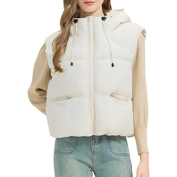 Htigea Puffer Vest for Women Solid Sleeveless Hooded Jackets with Pockets Warm Fall Winter Vests Coat White XL