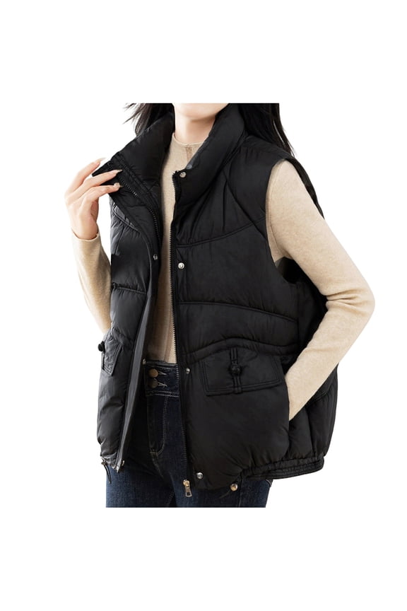 Puffer Vest for Women Stand Collar Full Zip Sleeveless Jackets Lightweight Quilted Padded Warm Coat with Pockets Black XXL
