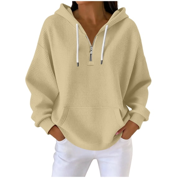 Htigea Quarter Zip Hoodie for Women Waffle Knit Long Sleeve Sweatshirts | 1/4 Zipper Pullover, Drawstring Hooded, Pocket, Loose Fit, Casual Versatile Tops Beige S