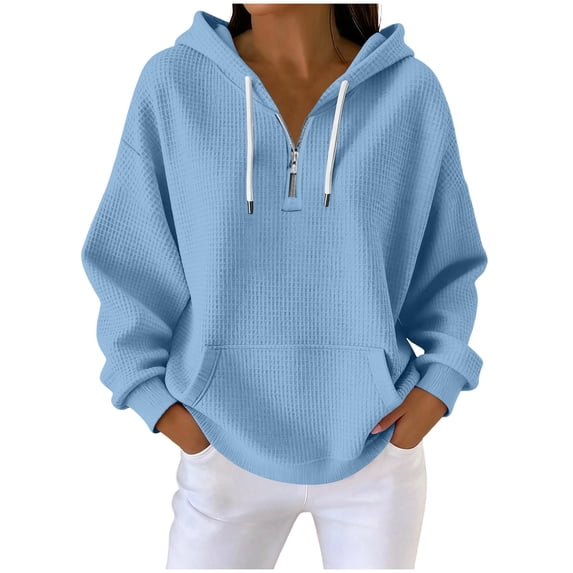 Htigea Quarter Zip Hoodie for Women Waffle Knit Long Sleeve Sweatshirts | 1/4 Zipper Pullover, Drawstring Hooded, Pocket, Loose Fit, Casual Versatile Tops Light Blue XXXXL