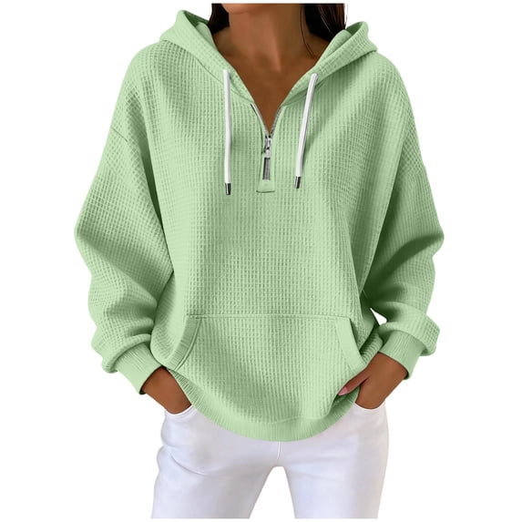Htigea Quarter Zip Hoodie for Women Waffle Knit Long Sleeve Sweatshirts | 1/4 Zipper Pullover, Drawstring Hooded, Pocket, Loose Fit, Casual Versatile Tops Mint Green M