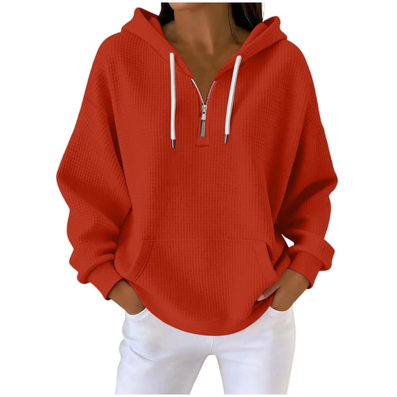 Htigea Quarter Zip Hoodie for Women Waffle Knit Long Sleeve Sweatshirts | 1/4 Zipper Pullover, Drawstring Hooded, Pocket, Loose Fit, Casual Versatile Tops Red XXXXL