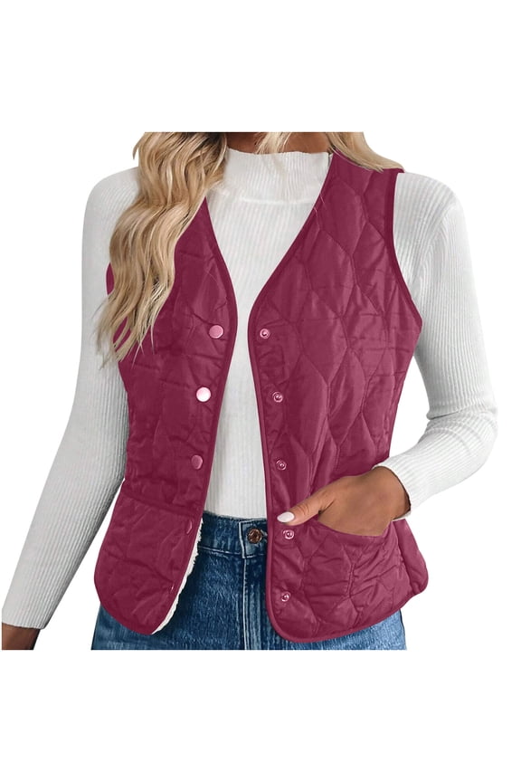 Quilted Fleece Vest for Women Lightweight Snap Button V-Neck Jacket Fall Gilet Winter Warm Inner Layer Vests with Pockets Hot Pink XL